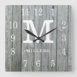 Rustic Personalized Gray Wood Farmhouse Monogram Square Wall Clock at Zazzle