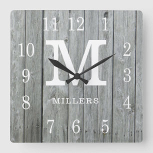 Rustic Personalized Gray Wood Farmhouse Monogram Square Wall Clock