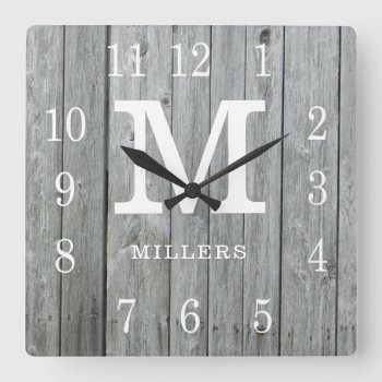 Rustic Personalized Gray Wood Farmhouse Monogram Square Wall Clock by InitialsMonogram at Zazzle
