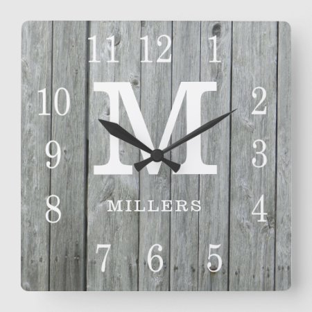 Rustic Personalized Gray Wood Farmhouse Monogram Square Wall Clock