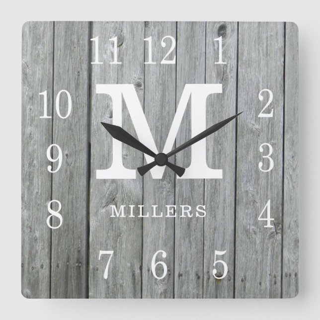 Rustic Personalized Gray Wood Farmhouse Monogram Square Wall Clock (Front)