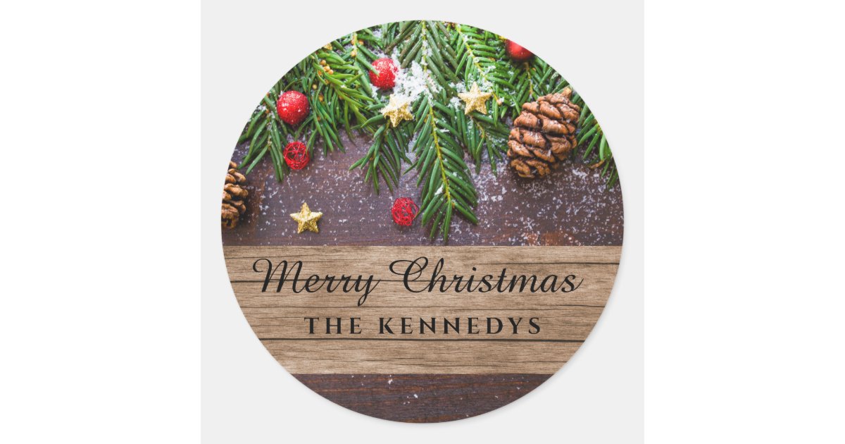 Rustic Personalized Merry Christmas Classic Round Sticker | Zazzle