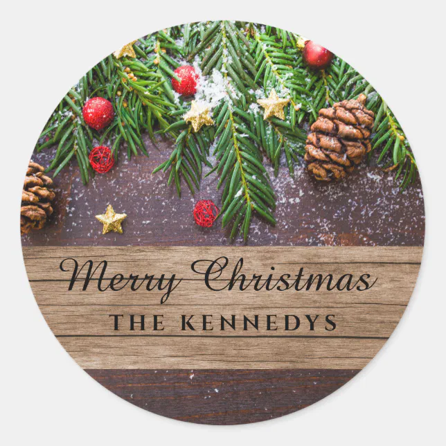 Rustic Personalized Merry Christmas Classic Round Sticker Zazzle 1277