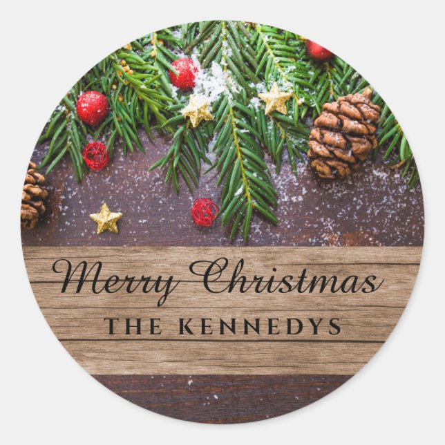 Rustic Personalized Merry Christmas Classic Round Sticker (Front)