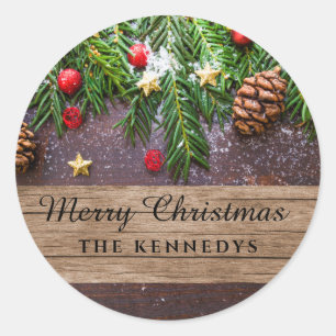 Rustic Personalized Merry Christmas Classic Round Sticker