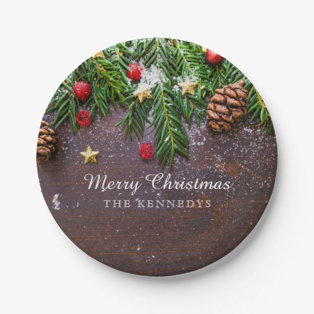 Rustic Personalized Merry Christmas Paper Plates (Front)