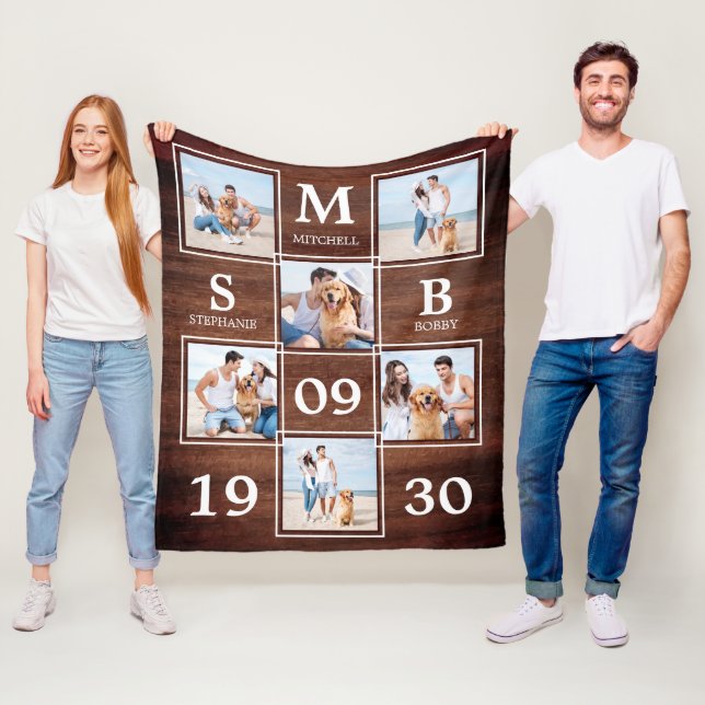 Rustic Personalized Monogram Couples Photo Collage Fleece Blanket (In Situ)