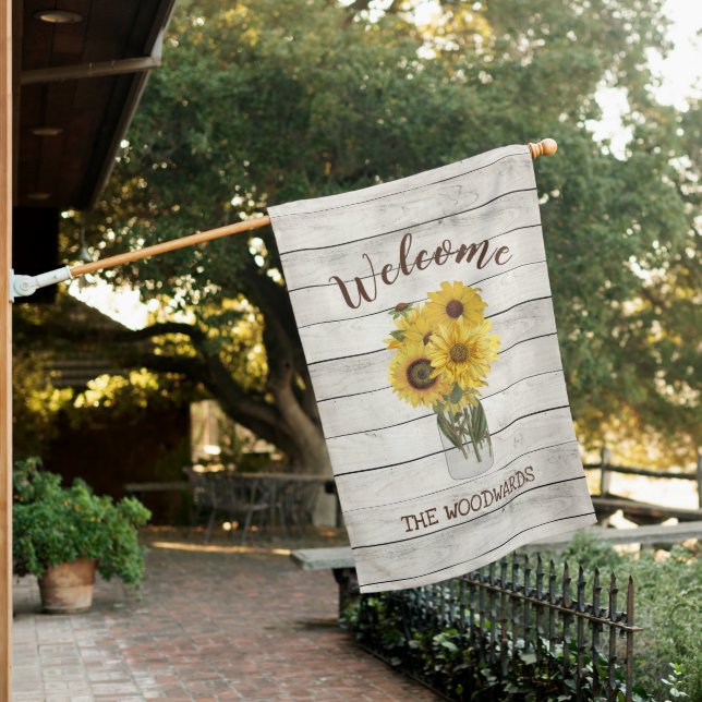 Rustic Personalized Sunflower Bouquet Welcome House Flag (In SItu)