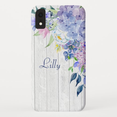 Rustic Personalized Watercolor Purple Hydrangeas iPhone XR Case