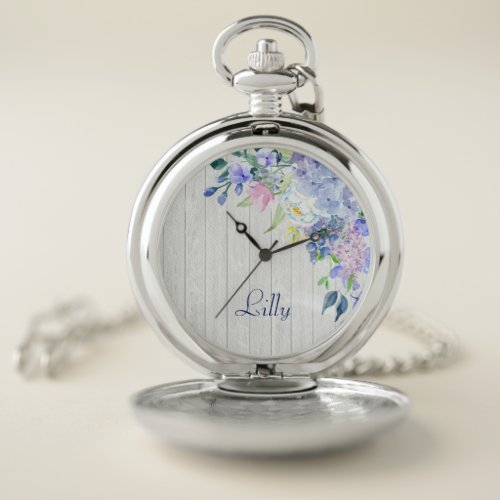 Rustic Personalized Watercolor Purple Hydrangeas Pocket Watch