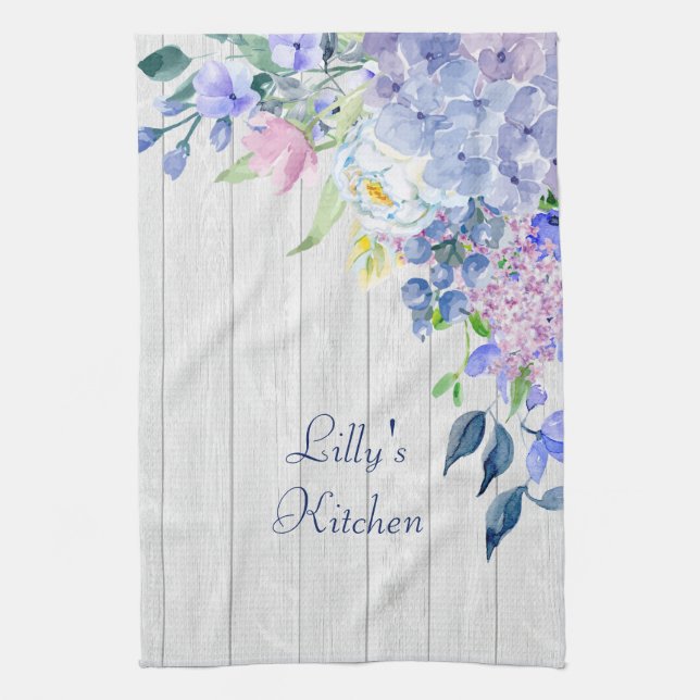 Rustic Personalized Watercolor Purple Hydrangeas Towel (Vertical)