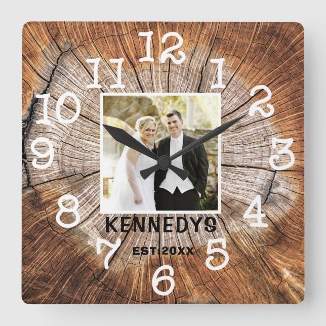 Rustic Personalized Wedding Anniversary Photo Square Wall Clock (Front)