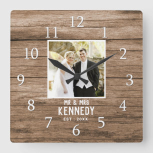 Rustic Personalized Wedding Anniversary Photo Wood Square Wall Clock