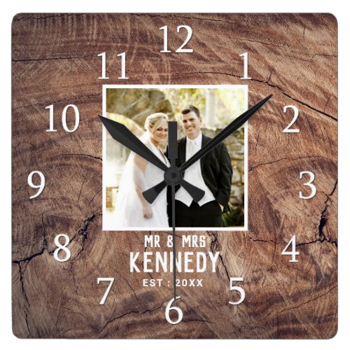 Rustic Personalized Wedding Anniversary Photo Wood Square Wall Clock