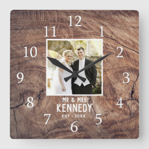Rustic Personalized Wedding Anniversary Photo Wood Square Wall Clock