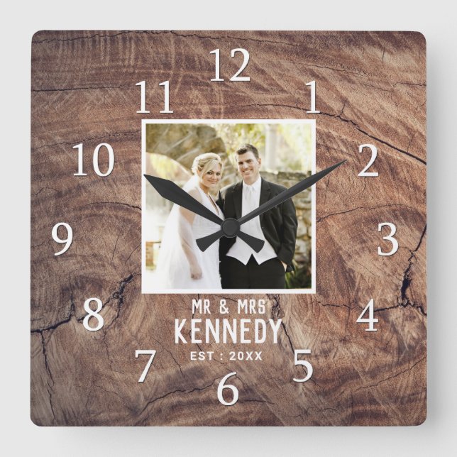 Rustic Personalized Wedding Anniversary Photo Wood Square Wall Clock (Front)