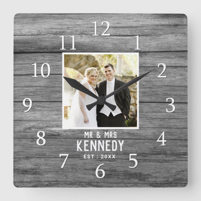 Rustic Personalized Wedding Anniversary Photo Wood Square Wall Clock (Front)