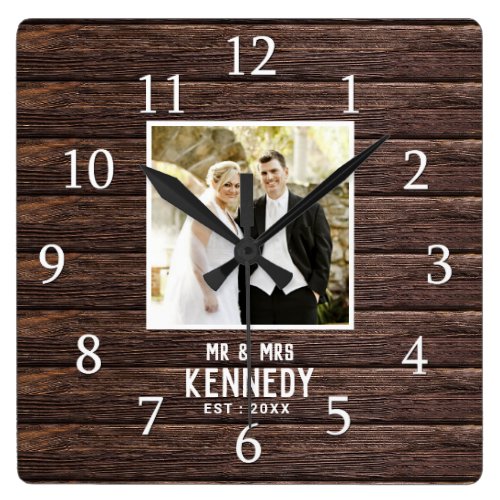 Rustic Personalized Wedding Anniversary Wood Photo Square Wall Clock