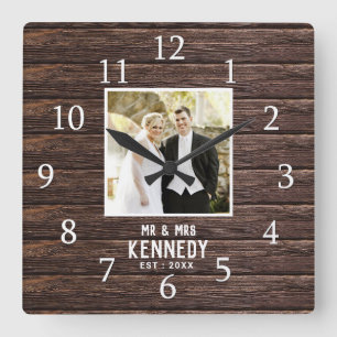 Rustic Personalized Wedding Anniversary Wood Photo Square Wall Clock