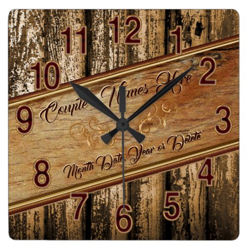 Rustic Personalized Wedding Gifts for Couple Square Wall Clock