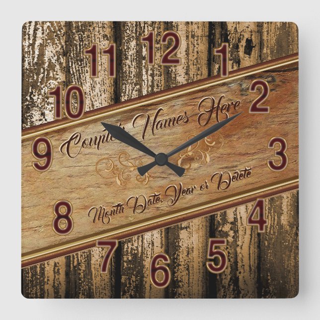 Rustic Personalized Wedding Gifts for Couple Square Wall Clock (Front)