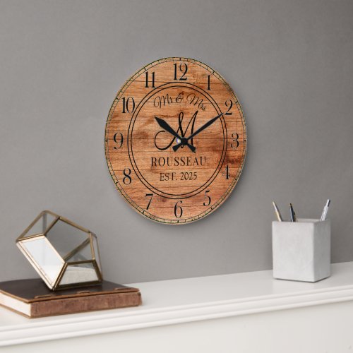 Rustic Personalized Wedding Newlywed Monogram Wood Large Clock