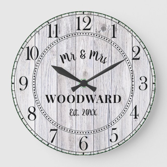 Rustic Personalized Wedding Newlyweds Large Clock (Front)