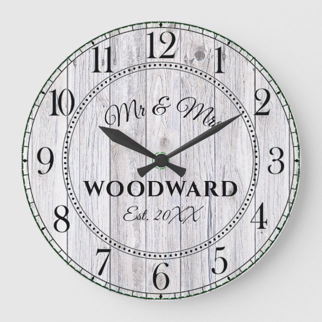 Rustic Personalized Wedding Newlyweds Large Clock (Front)