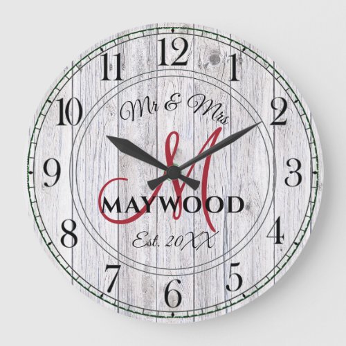 Rustic Personalized Wedding Newlyweds Monogrammed  Large Clock