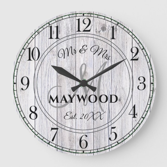 Rustic Personalized Wedding Newlyweds Monogrammed Large Clock (Front)
