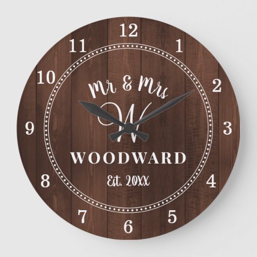 Rustic Personalized Wedding Newlyweds Monogrammed Large Clock