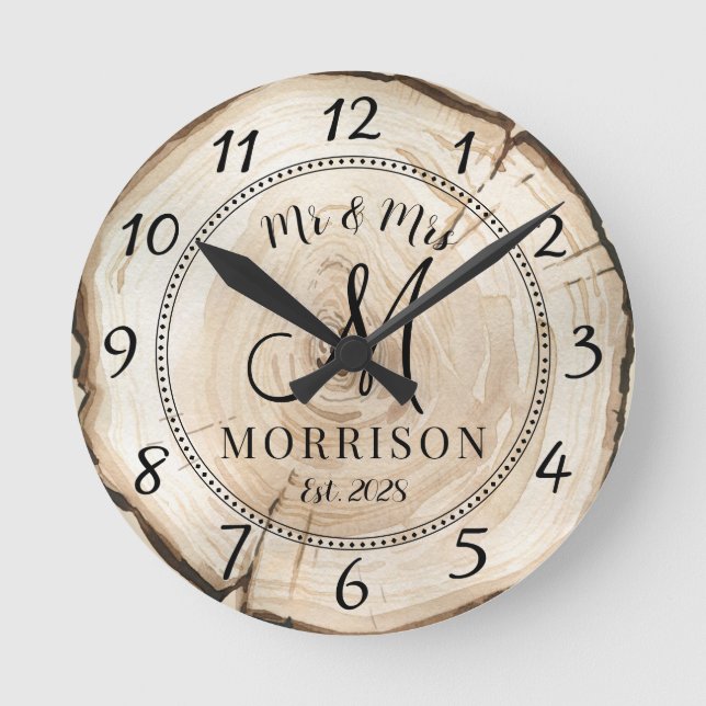 Rustic Personalized Wedding Newlyweds Round Clock (Front)