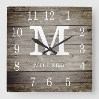Rustic Personalized Wood Farmhouse Monogram Name Square Wall Clock