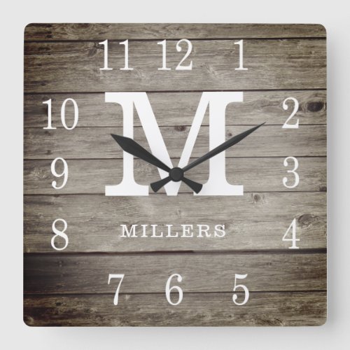 Rustic Personalized Wood Farmhouse Monogram Name Square Wall Clock