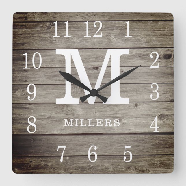 Rustic Personalized Wood Farmhouse Monogram Name Square Wall Clock (Front)
