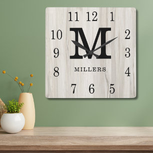 Rustic Personalized Wood Farmhouse Monogram Name Square Wall Clock