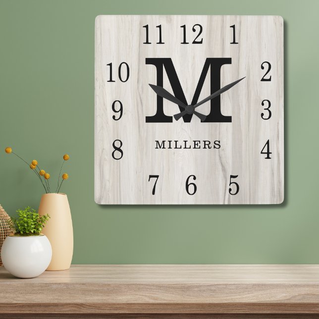 Rustic Personalized Wood Farmhouse Monogram Name   Square Wall Clock (Creator Uploaded)