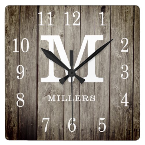 Rustic Personalized Wood Farmhouse Monogram Name Square Wall Clock