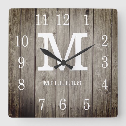 Rustic Personalized Wood Farmhouse Monogram Name Square Wall Clock