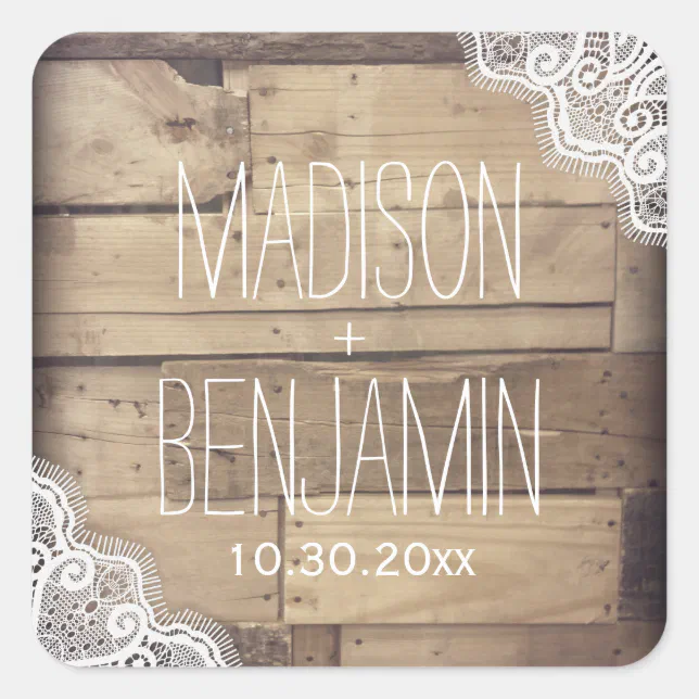 Rustic Personalized Wood Lace Wedding Sticker | Zazzle