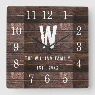 Rustic Personalized Wood Monogrammed Family Name Square Wall Clock
