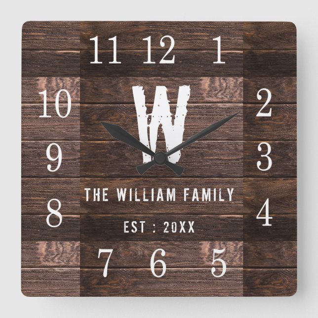 Rustic Personalized Wood Monogrammed Family Name Square Wall Clock (Front)