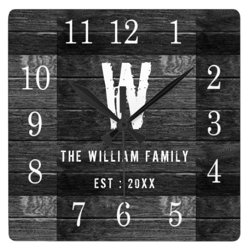 Rustic Personalized Wood Monogrammed Family Name Square Wall Clock