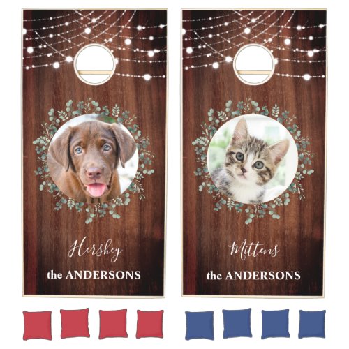 Rustic Pet 2 Photo Names String Lights Custom Cornhole Set