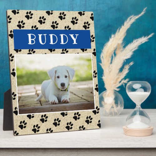 Rustic Pet Dog Photo Paw Prints Blue Keepsake Plaque