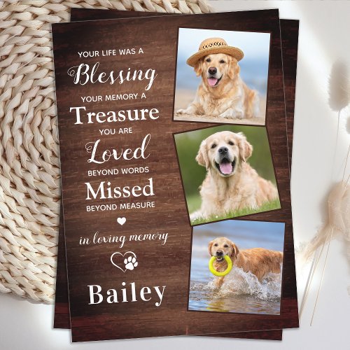 Rustic Pet Loss Personalized 3 Photo Dog Memorial Thank You Card