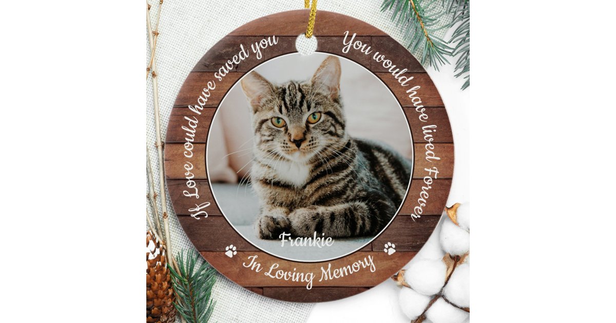 Rustic Pet Memorial Cat 2 Photo Sympathy Ceramic Ornament | Zazzle