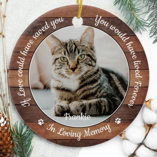 Rustic Pet Memorial Cat 2 Photo Sympathy Ceramic Ornament | Zazzle