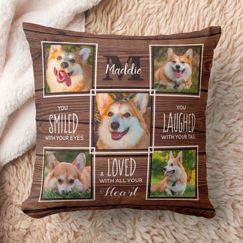Rustic Pet Memorial Dog Loss Gift 5 Photo Collage Throw Pillow