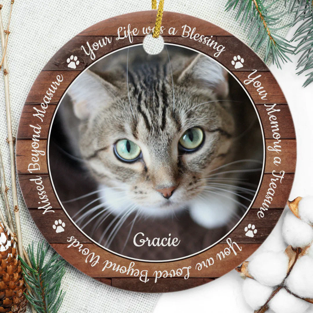 Rustic Pet Memorial Pet Loss Keepsake Cat Photo Ceramic Ornament (Creator Uploaded)